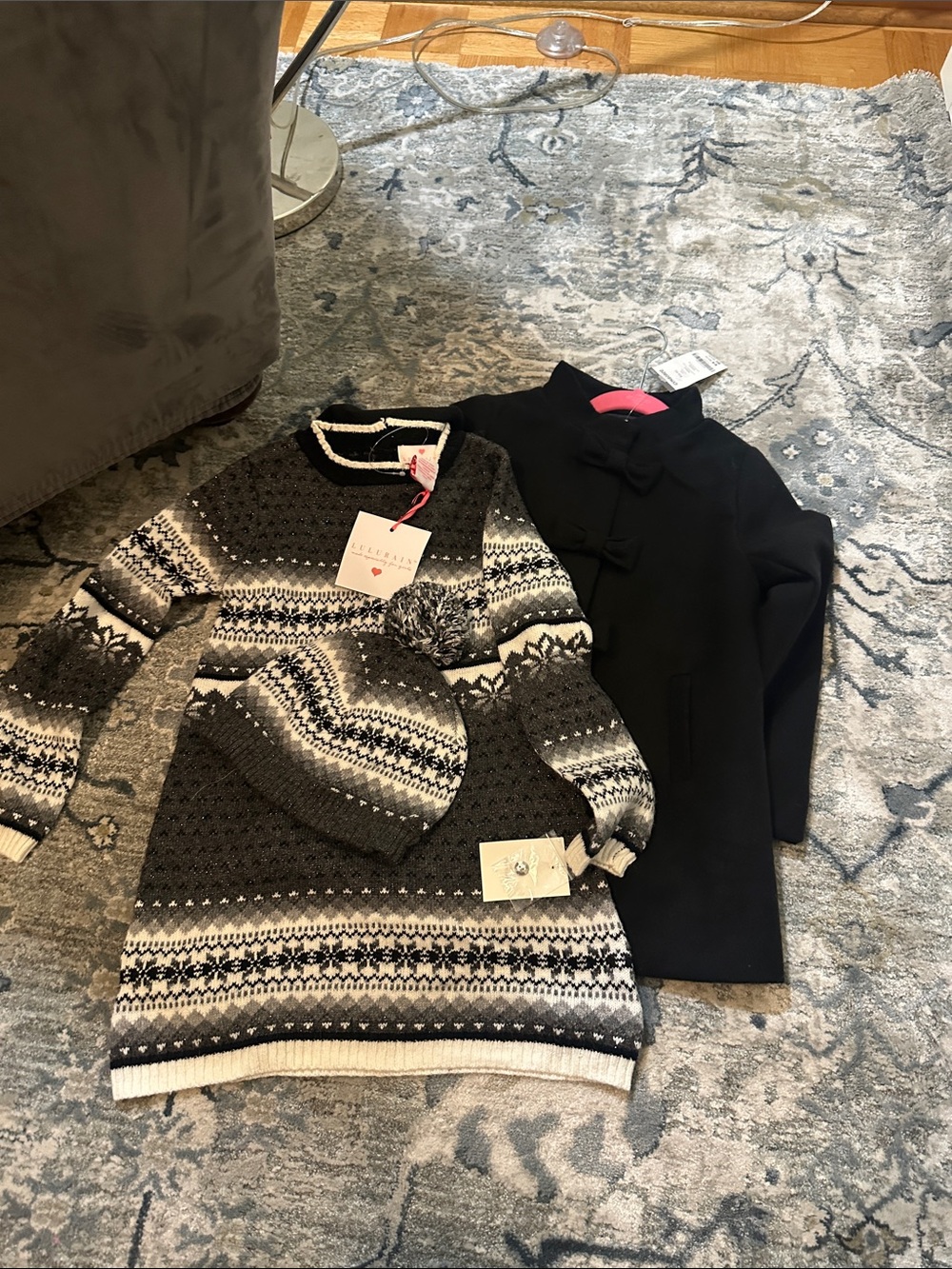 Gymboree Girls Black & Gray Fair Isle Sweater Dress with Pom Hat
